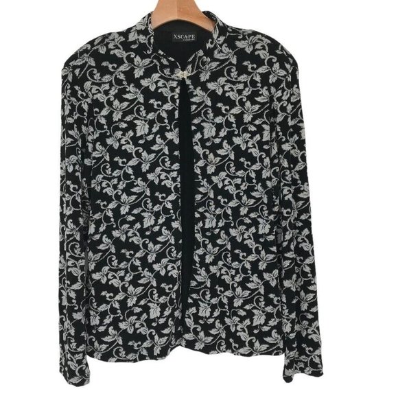 XSCAPE womens Black Stretch travel Knit Jacket Silver Floral Sparkle size XL - Picture 1 of 7